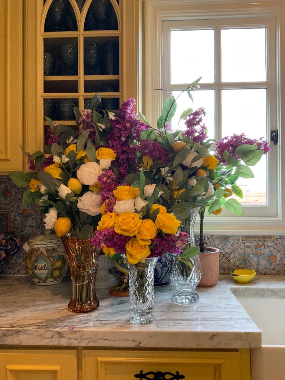 3 faux floral bequests, varying sizes, vases NOT included